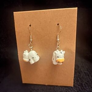 White Cow Charm Drop Earrings - Cute Animal Dangle Earrings